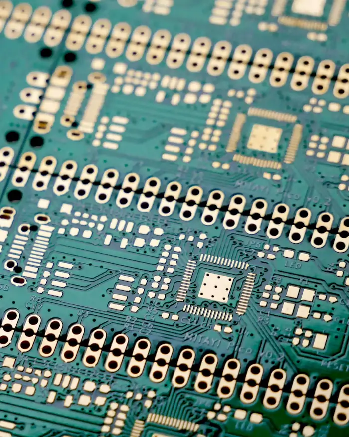 Macro photograph of a circuit board with rows of gold contact pads.