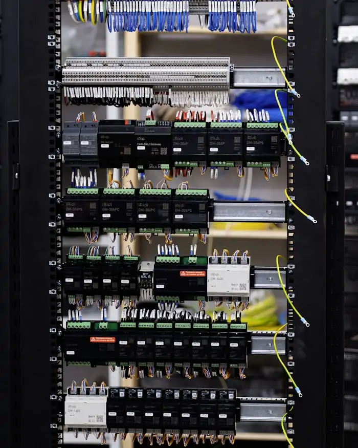 Cabled server racks and patch panels in a data centre aisle.