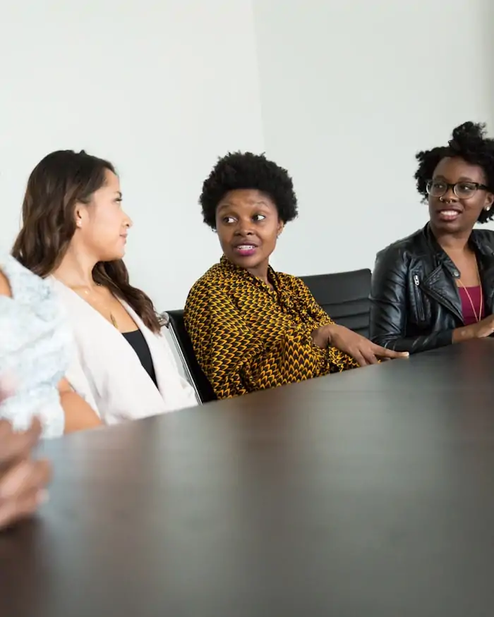 Business professionals in discussion around a meeting table.